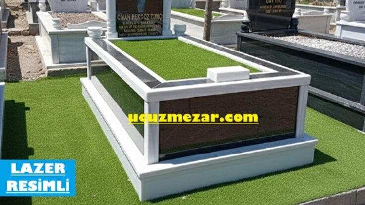 Tek Kişilik Lazer Resimli Gömme Küpeşte Granit Sütunlu Mermer Mezar Modeli