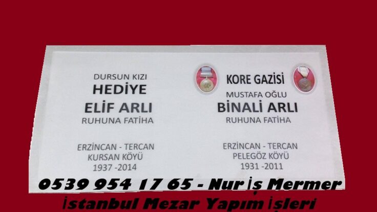 İki Kişilik Mezar Baş Taşı Porselen Logo Kabartma Yazılı Mermer Baş Taşı Modeli
