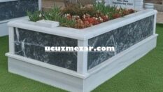 Tek Kişilik Baş Taşı Porselen Resimli Gövde Siyah Mermer Sütunlu Mermer Mezar